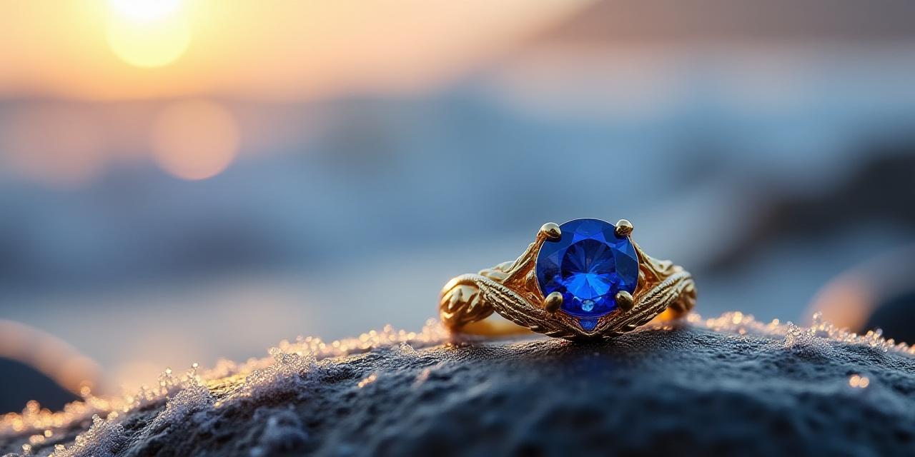 Artisan sapphire ring against Isle of Man sea foam backdrop
