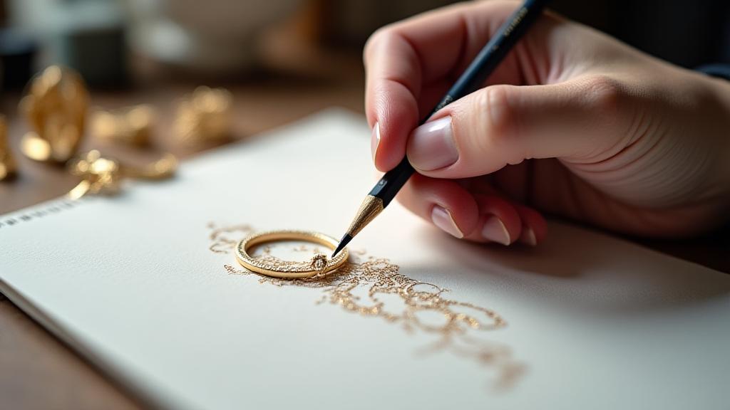 Close up of a jeweler sketching a coastline inspired ring